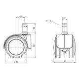 Technische tekening van de 5x ROLO LUX 11mm/50mm bureaustoelwielen met een roldiameter van 50 mm van hjh OFFICE