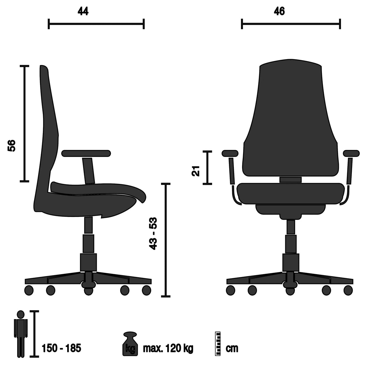 Technische tekening van de Thuisgebruik bureaustoel BELIO met een maximale belastbaarheid van 120 kg van hjh OFFICE