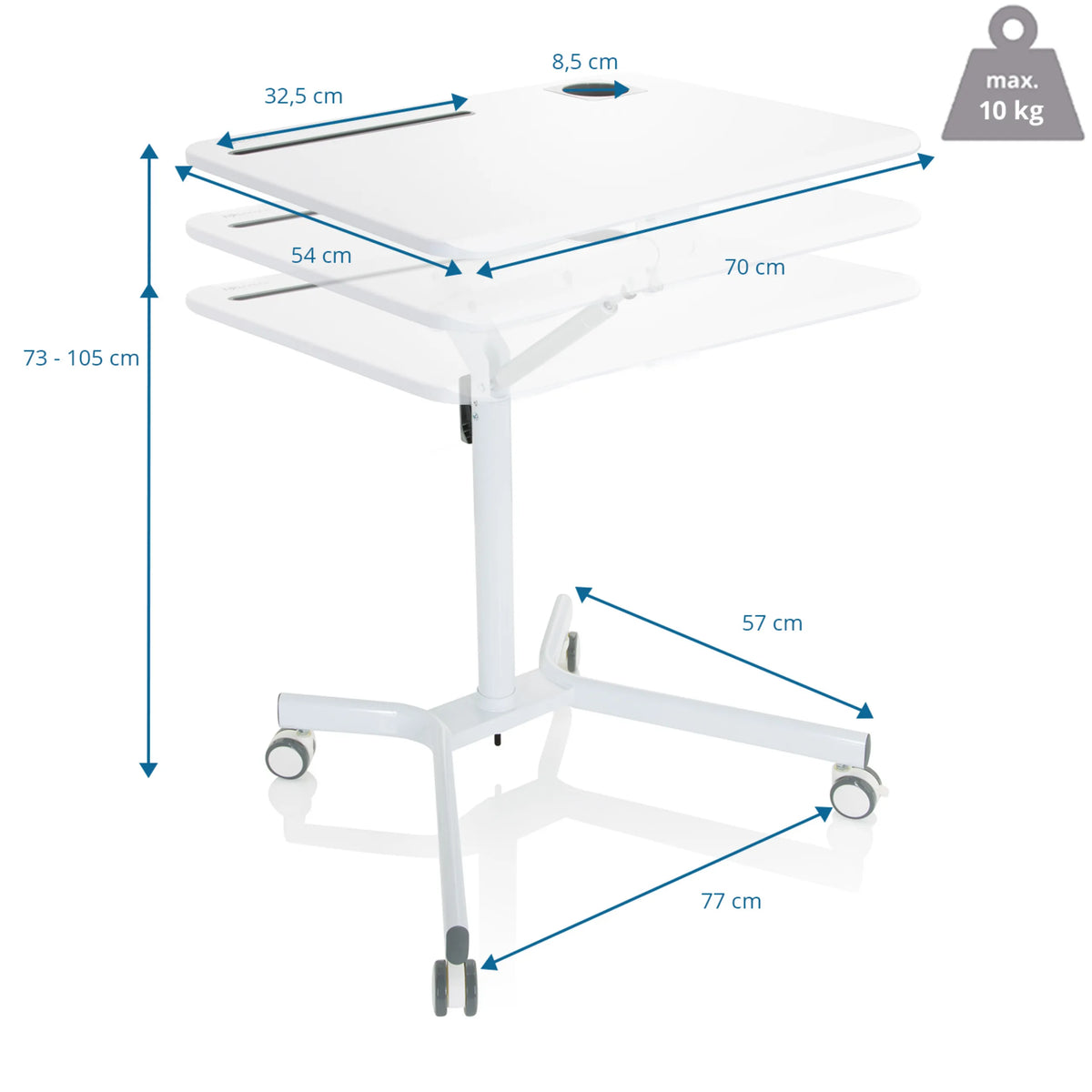 Maattekening van het Zit- Sta bureau STAND VM-SU I met een hoogte van 73-105 cm van hjh OFFICE