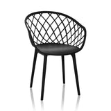 Zwarte Shell-stoel BEGIO B met roostervormige rugleuning en vier poten van hjh OFFICE – 360-gradenweergave (vooraanzicht 15°)