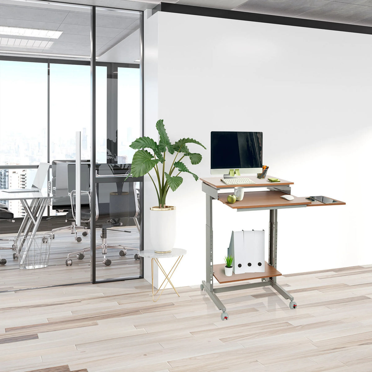 Zit- Sta bureau WORKSTATION in beuken en grijs met twee opbergvakken en zwenkwielen van hjh OFFICE
