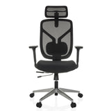 Zwarte High end bureaustoel CASSILIS B met netrugleuning en vijfpoot met wielen van hjh OFFICE – 360-gradenweergave (vooraanzicht 0°)