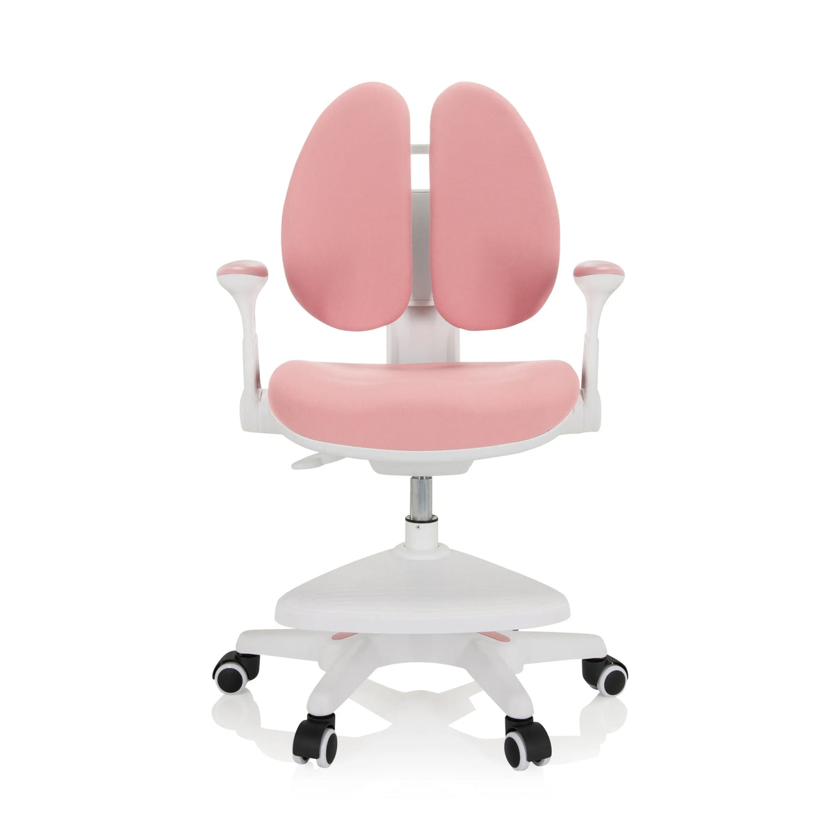 Roze kinderstoel KID WING met gedeelde rugleuning en wit vijfsterrenvoet met wieltjes van hjh OFFICE – 360-gradenweergave (vooraanzicht 0°)