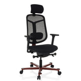 Zwarte high end bureaustoel BICOLORE HIGH met netrugleuning, hoofdsteun en rood vijfster-onderstel met wieltjes van hjh OFFICE – 360-gradenweergave (schuin vooraanzicht 30°)