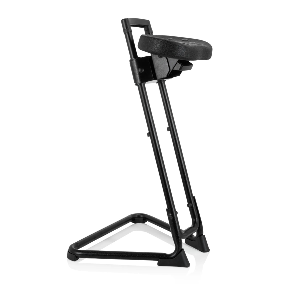 Schwarze Stehhilfe TOP WORK 32 mit gepolsterter Sitzfläche und U-förmigem Standfuß von hjh OFFICE – 360-Grad-Ansicht (schräge Frontansicht 60°)