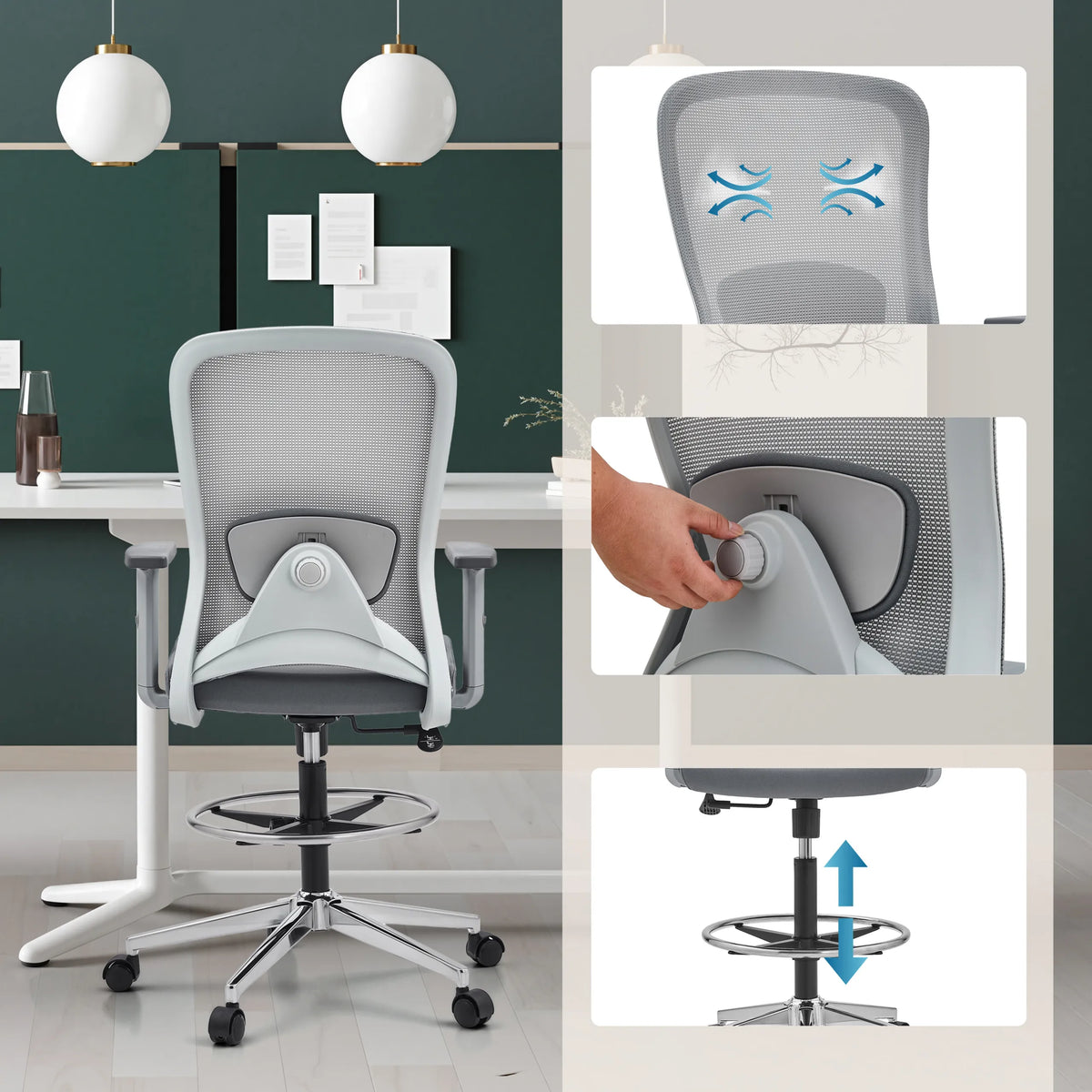 Grijze Baliestoel Top Work 44 W met netrug, voetring en hoogteverstelling van hjh OFFICE