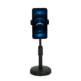 Zwarte Houder voor mobiele telefoon & tablet FLEXMOBI II met ronde voet en telescoopstang van hjh OFFICE – 360-gradenweergave (vooraanzicht 0°)