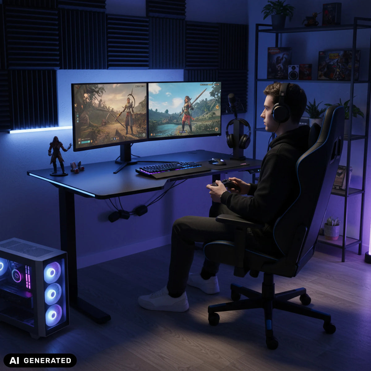 Elektrisch in hoogte verstelbaar bureau Worktime Game in zwart met twee monitoren van hjh OFFICE (AI-gegenereerde afbeelding)