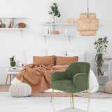 Groene THASSOS loungestoel met gouden poten in een licht ingerichte slaapkamer van hjh LIVING