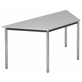 Grijze tafel DORAN DRTR C met chromen ronde buispoten en een trapeziumvormig blad van hjh OFFICE PRO