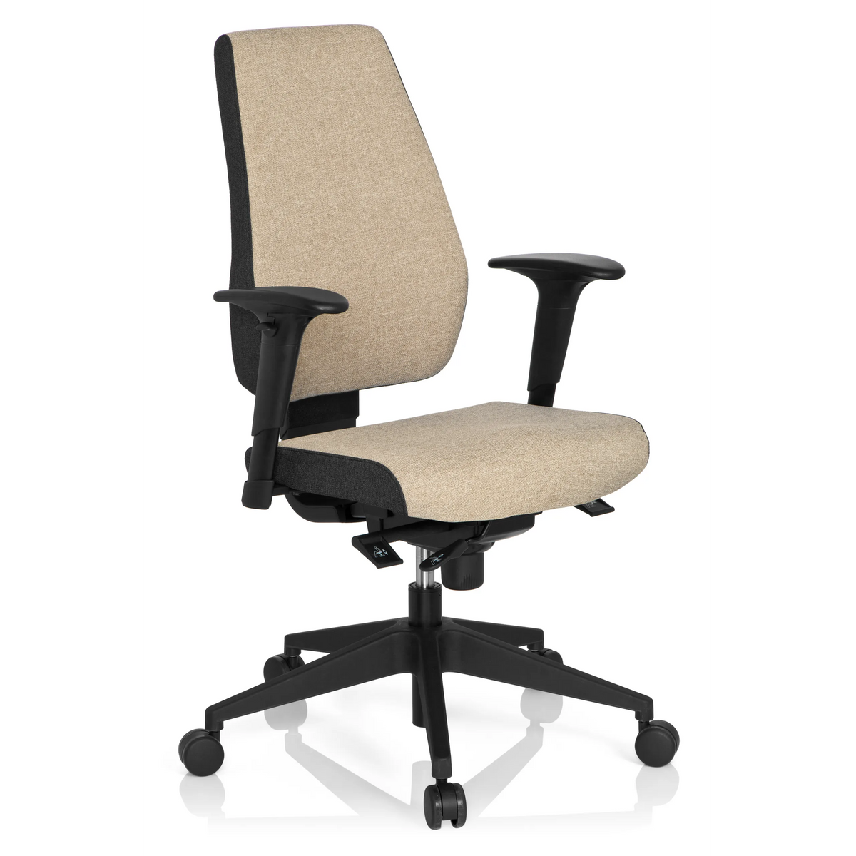 Beige Professionele bureaustoel PRO-TEC 500 met armleuningen en een zwart vijfster-onderstel van hjh OFFICE – 360-gradenweergave (schuin vooraanzicht 40°)