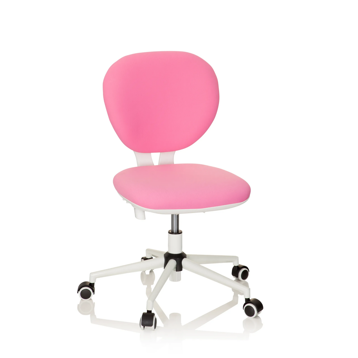 Roze Kinder bureaustoel KID VIVO met wit kruisvoet en vijf zwenkwielen van hjh OFFICE – 360-gradenweergave (vooraanzicht 20°)