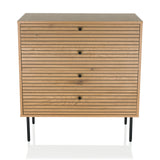 Eikenkleurige commode LINNO K met geribbelde fronten en vier zwarte poten van hjh LIVING – 360-gradenweergave (vooraanzicht 0°)