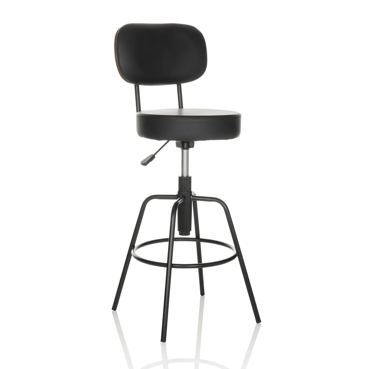 Zwarte Barkruk DISC HIGH met rugleuning en ronde voetring van hjh OFFICE – 360-gradenweergave (schuin vooraanzicht 30°)