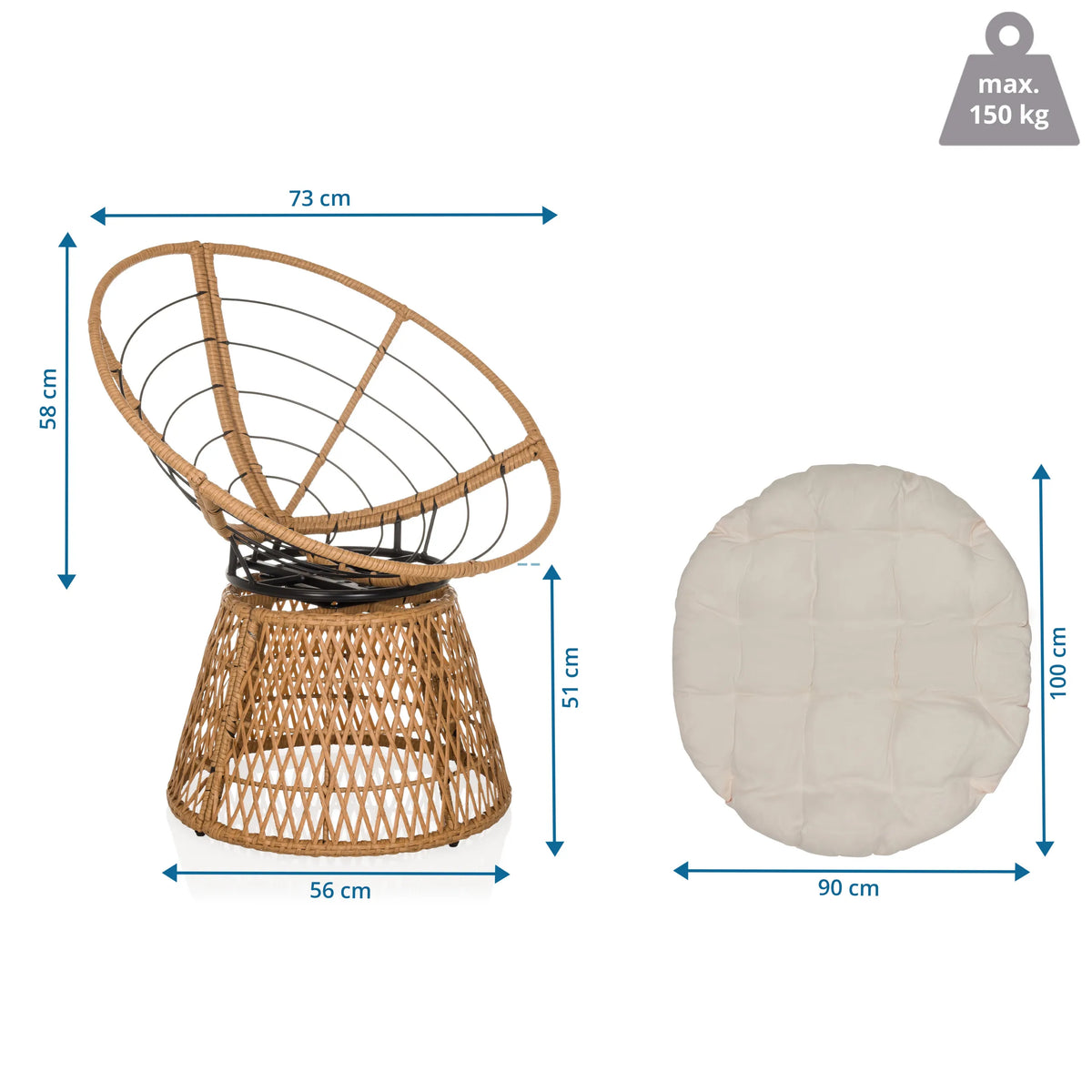 Maattekening van de Outdoor stoel WEAVORA met 73 × 58 cm en maximale belasting van 150 kg van hjh LIVING