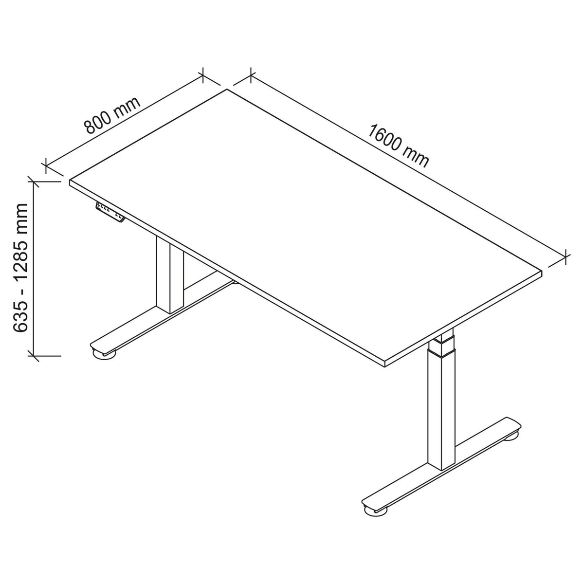 Technische tekening van het bureau XDSM 16 G met 1600 × 800 mm van hjh OFFICE PRO