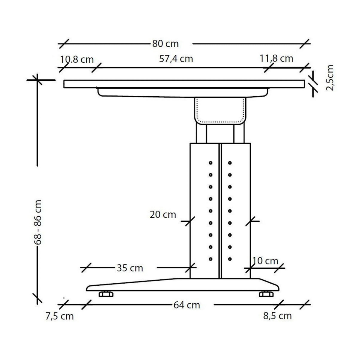 Maßzeichnung des höhenverstellbaren Schreibtischs UNDA 8 W mit einer Breite von 80 cm von hjh OFFICE PRO