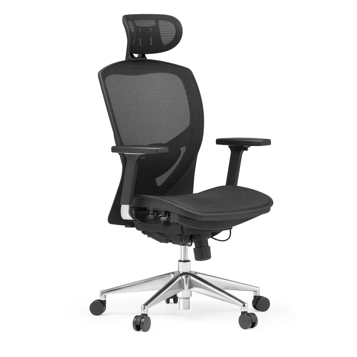 Zwarte High end bureaustoel VENUS ONE met netrug en vijfpoot met zwenkwielen van hjh OFFICE – 360-gradenweergave (schuin vooraanzicht 45°)
