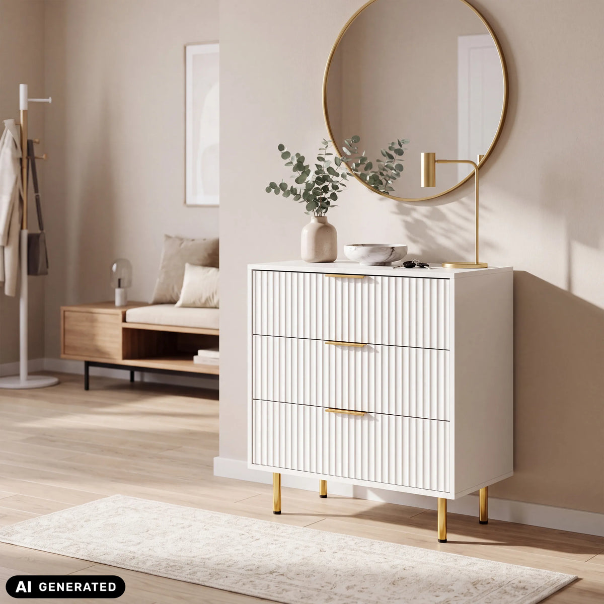 Witte commode Hjelle K met geribbelde fronten en goudkleurige grepen en poten van hjh LIVING (AI-gegenereerde afbeelding)