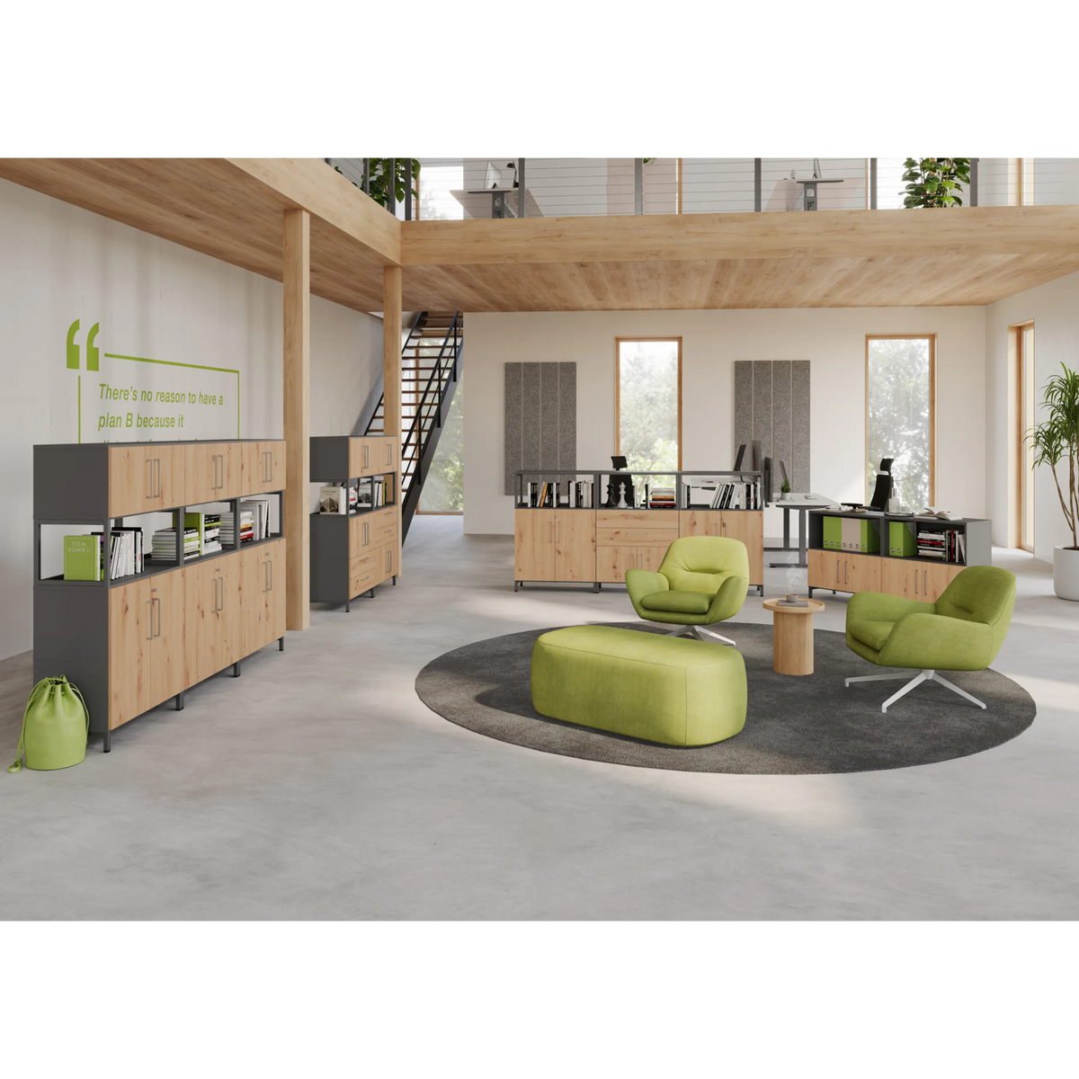 Kasten uit de FlexWall serie met deurparen in essen-eiken en grijze korpusen van hjh OFFICE PRO