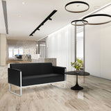 Zwarte ARUBA STEP lounge bank als driezitter met gestikt polsterwerk en zilverkleurig metalen frame van hjh OFFICE
