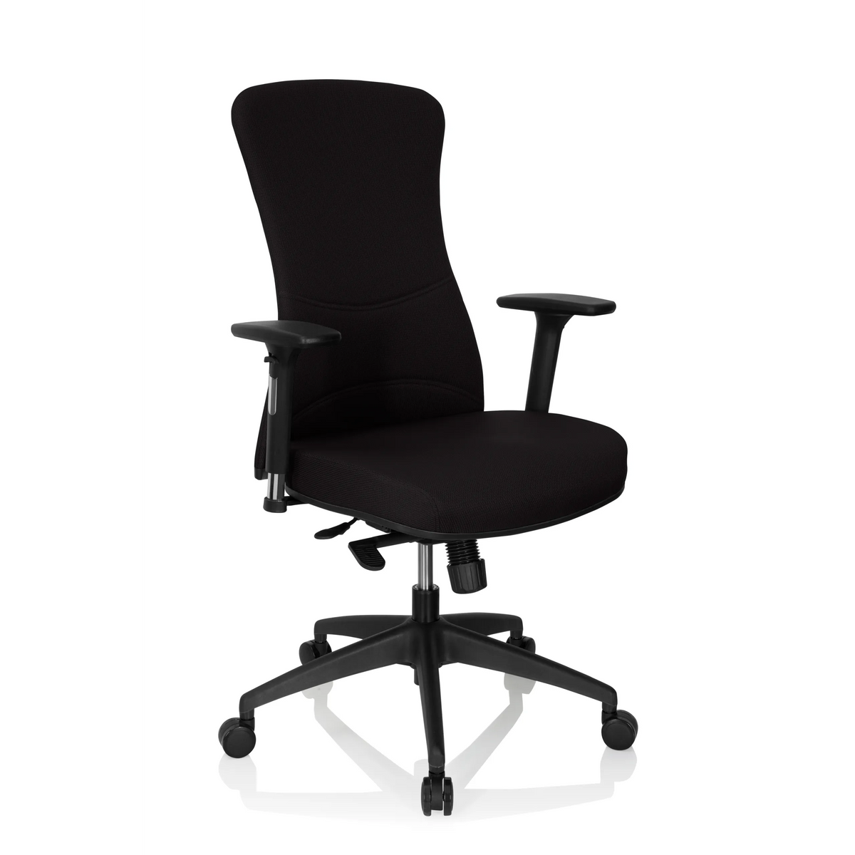 Zwarte Professionele bureaustoel OFFICE XT PRO met armleuningen en vijfpoot met zwenkwielen van hjh OFFICE – 360-gradenweergave (schuin vooraanzicht 40°)