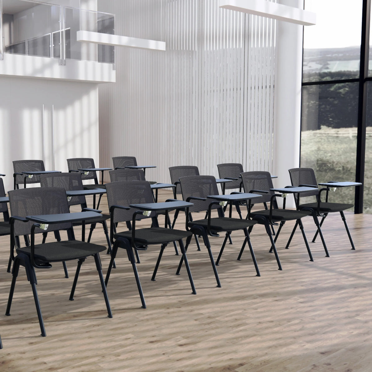 Klembord MEET WA in het zwart aan een rij stoelen in een moderne ruimte van hjh OFFICE