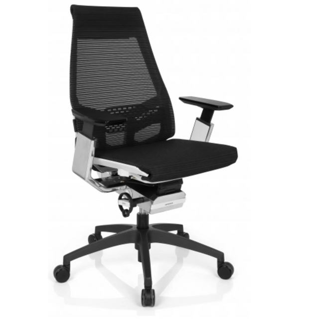 Professionele bureaustoel GENIDIA SMART WHITE CM met zwarte netbekleding en chromen details van hjh OFFICE