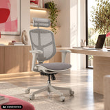 Grauer Bürostuhl Enjoy Eco FG mit Netzrücken und Kopfstütze in einem hellen Büro von hjh OFFICE (KI-generiertes Bild)
