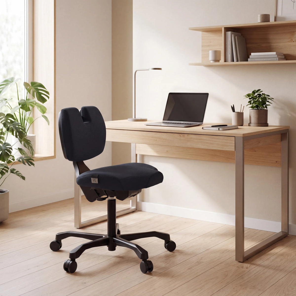EvoShift kniekruk in het zwart aan een licht houten bureau van hjh OFFICE