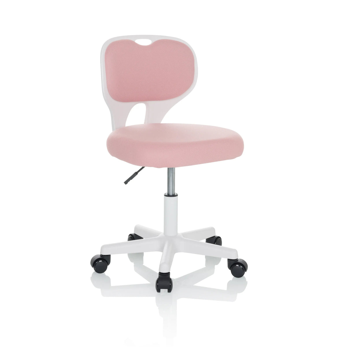 Roze Kinder bureaustoel KIDDY TOP W met wit frame en vijfsterrenvoet met zwenkwielen van hjh OFFICE – 360-gradenweergave (schuin vooraanzicht 30°)