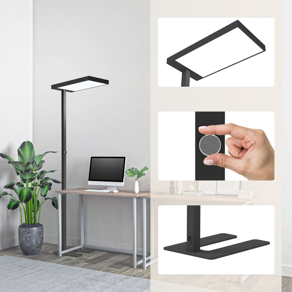 Zwarte LED staande lamp LUMANOVA met touch-schakelaar en platte voet van hjh OFFICE