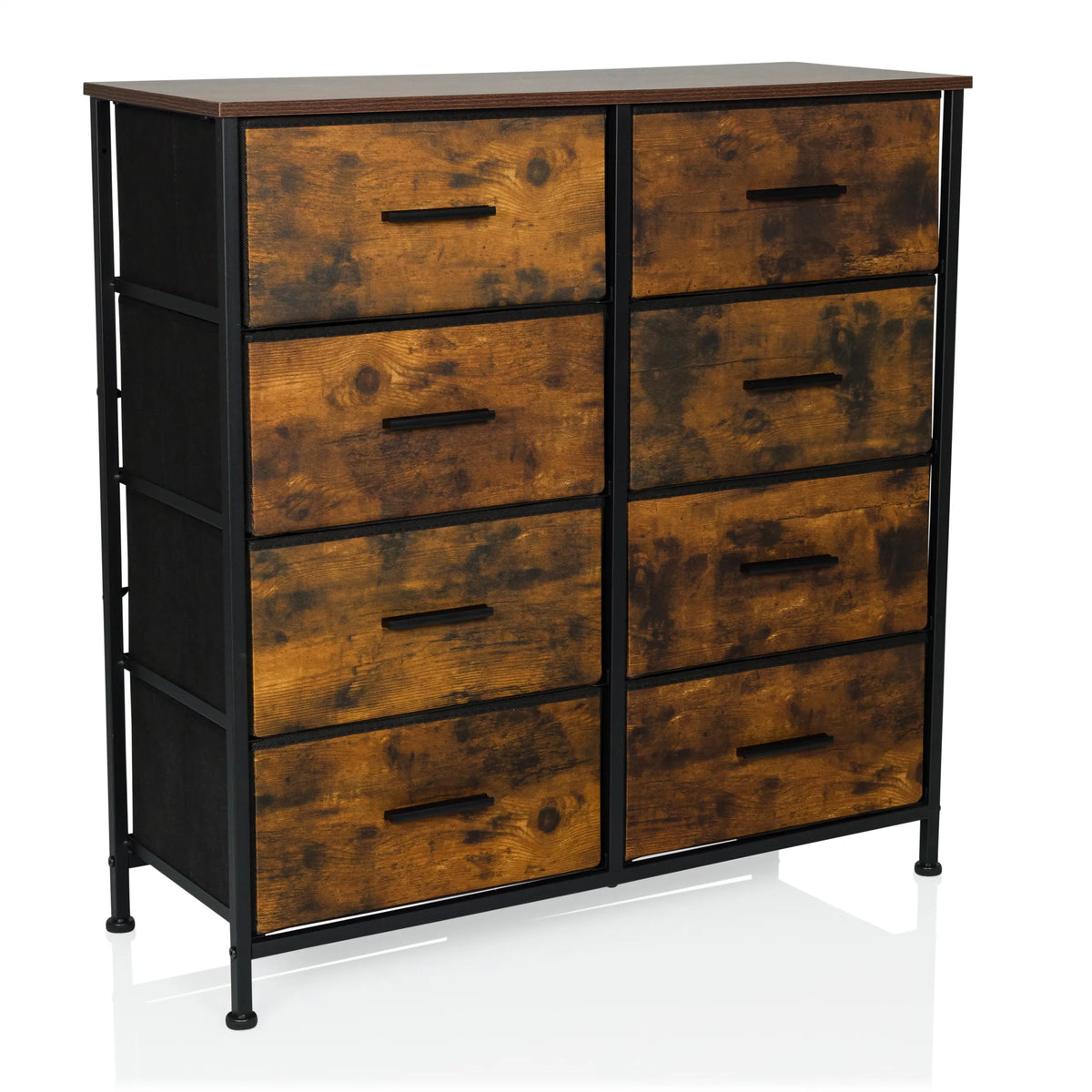 Commode RAGALA LIGHT in gerookt eiken met acht laden en een zwart metalen frame van hjh LIVING – 360-gradenweergave (schuin vooraanzicht 30°)