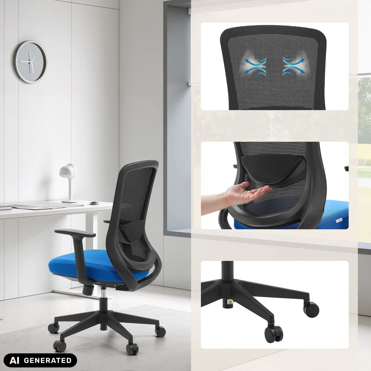 Thuisgebruik bureaustoel Sedito in zwart-blauw met lendensteun en kruisvoet met wieltjes van hjh OFFICE (AI-gegenereerde afbeelding)