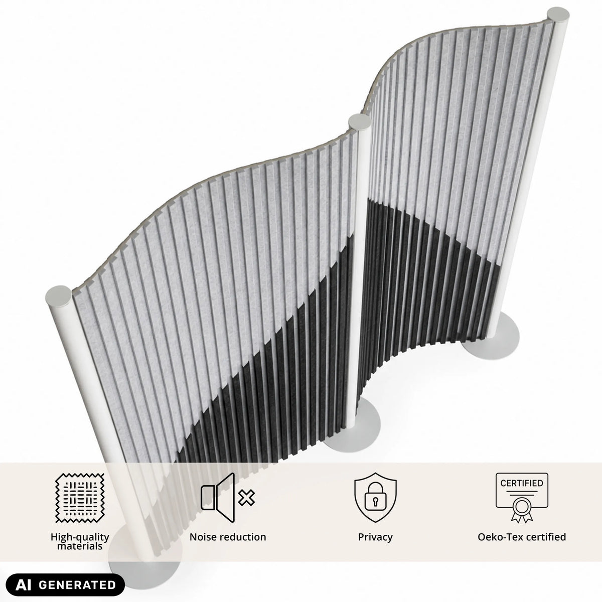 Grijze visuele en geluidsisolerende scheidingswand Flexmiut Wave met golvend design van hjh OFFICE (AI-gegenereerde afbeelding)