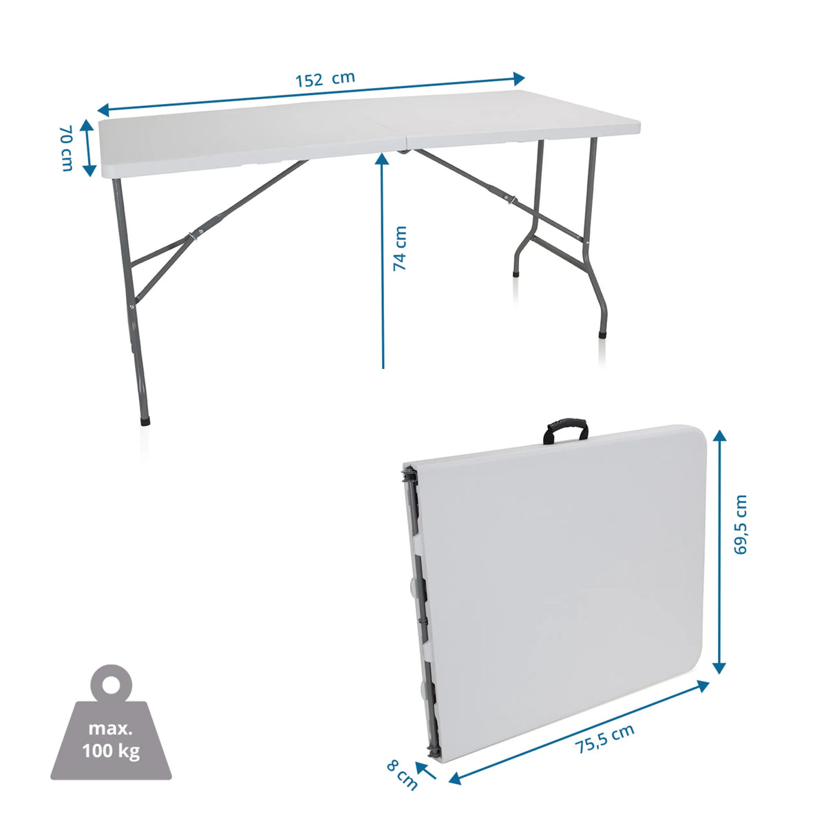 Maattekening van de Klaptafel EASY UP MULTI II met 152 × 70 cm en een draagvermogen van 100 kg van hjh OFFICE