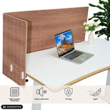 Braune Tischtrennwand FLEXMIUT ROLL W mit L-Form auf einem weißen Schreibtisch von hjh OFFICE