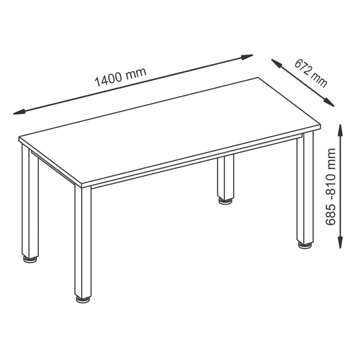Maßzeichnung des Schreibtischs QUEO 614 S mit den Maßen 1400 mm Länge, 672 mm Tiefe und 685-810 mm Höhe von hjh OFFICE PRO