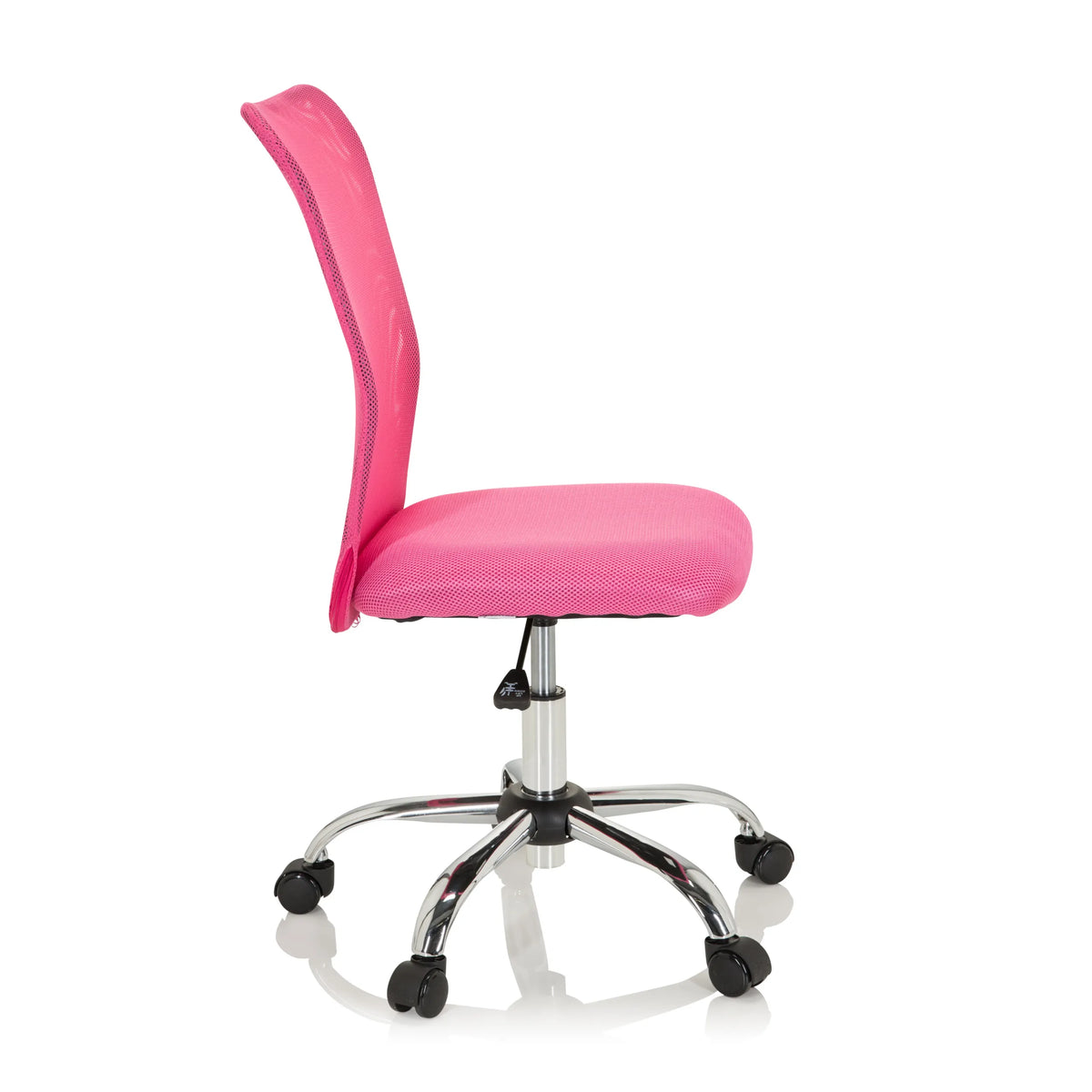 Roze Kinder bureaustoel KIDDY NET I met netrugleuning en vijfpotig onderstel met zwenkwielen van hjh OFFICE – 360-gradenweergave (zijaanzicht 80°)