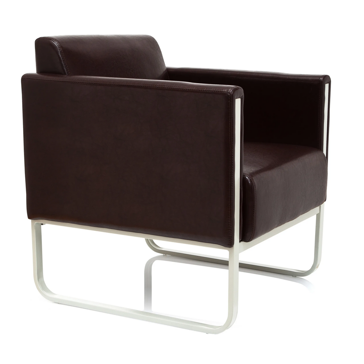 Bruine gestoffeerde fauteuil ARUBA met wit metalen frame van hjh OFFICE – 360-gradenweergave (schuin vooraanzicht 60°)