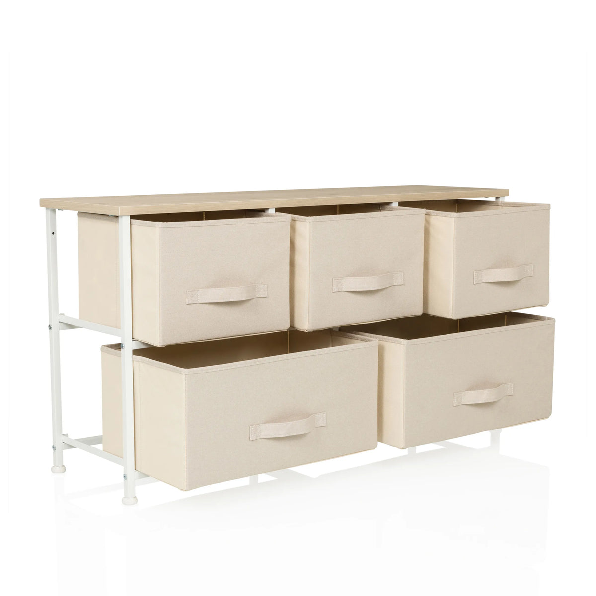 Beige Commode FOLDAR met vijf stoffen laden en een wit metalen frame van hjh LIVING