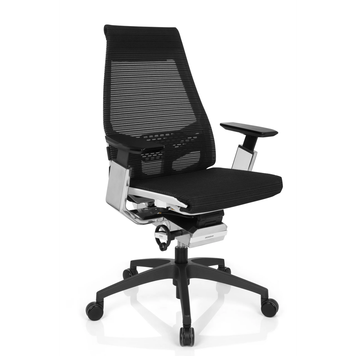 Zwarte Professionele bureaustoel GENIDIA SMART WHITE CM met netrug en vijfpoot met wieltjes van hjh OFFICE – 360-gradenweergave (schuin vooraanzicht 40°)