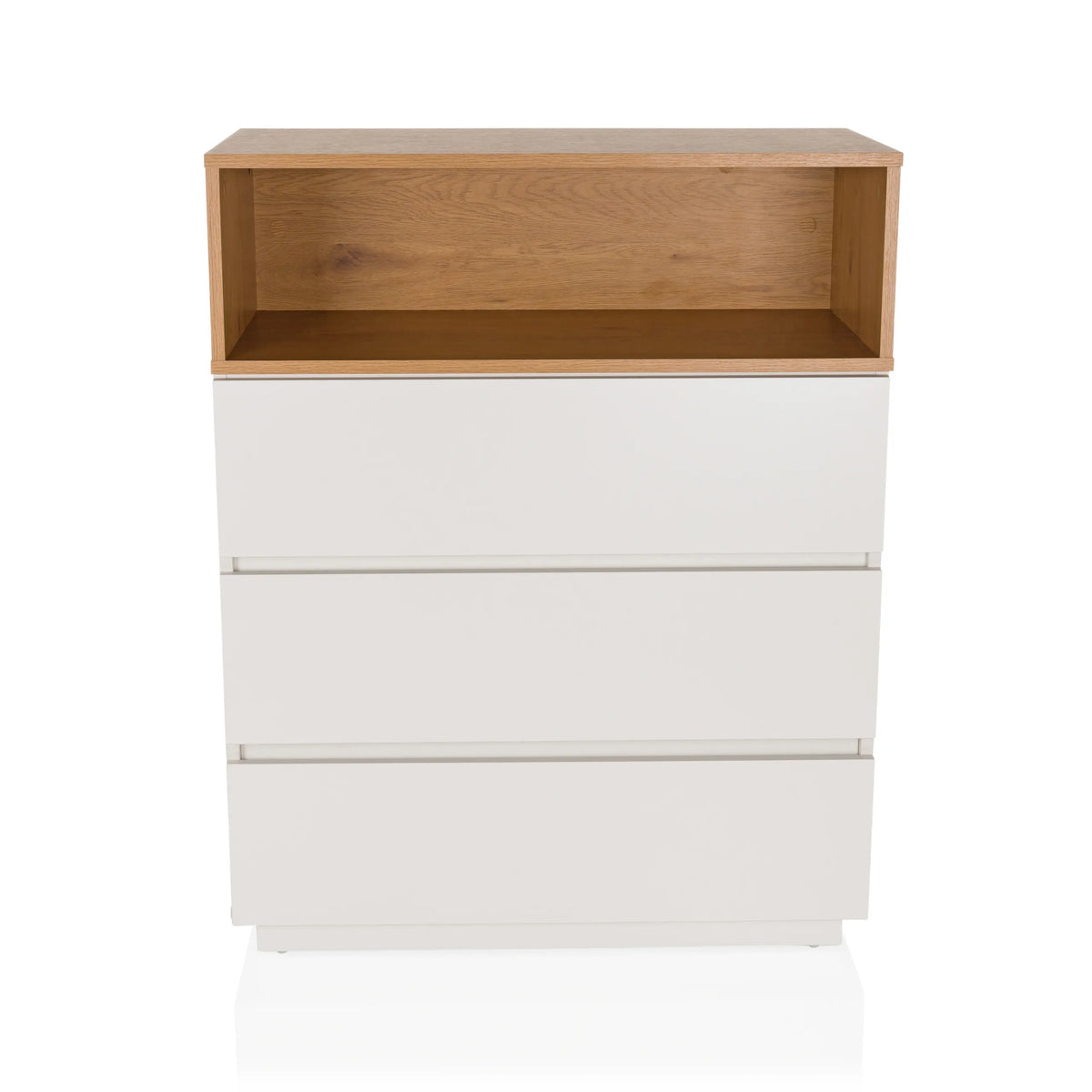 Witte commode MELMO K met drie laden en een open opbergvak in eikenlook van hjh LIVING – 360-gradenweergave (vooraanzicht 0°)