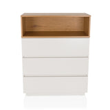 Witte commode MELMO K met drie laden en een open opbergvak in eikenlook van hjh LIVING – 360-gradenweergave (vooraanzicht 0°)