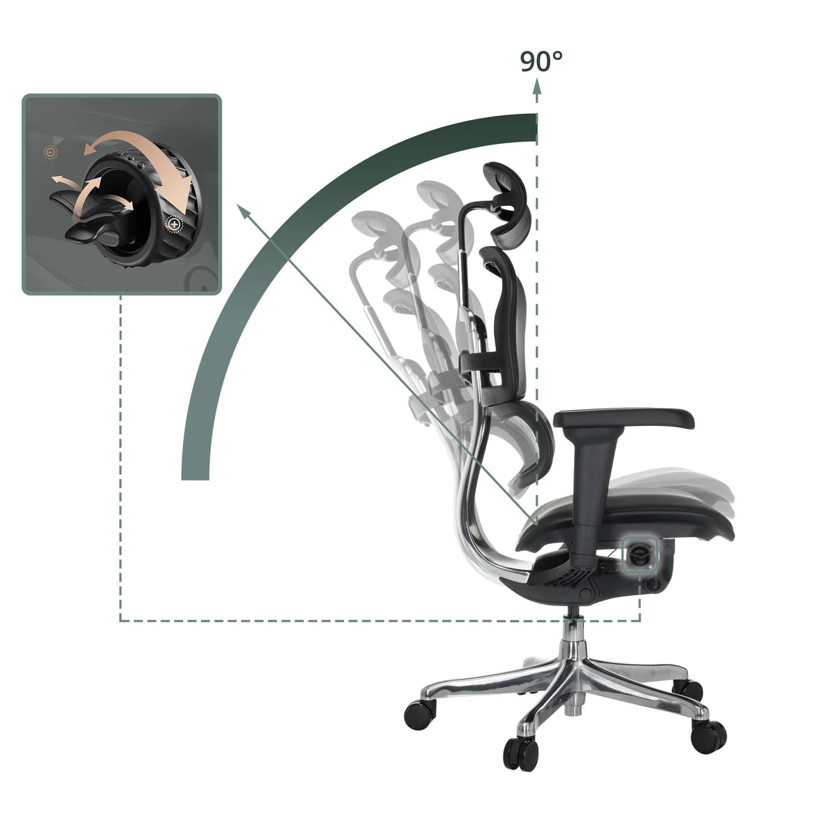 Verstelmechanisme voor de 90 graden neiging van de rugleuning van de Luxe directiestoel ERGOHUMAN ULTRA L GEN2 van hjh OFFICE