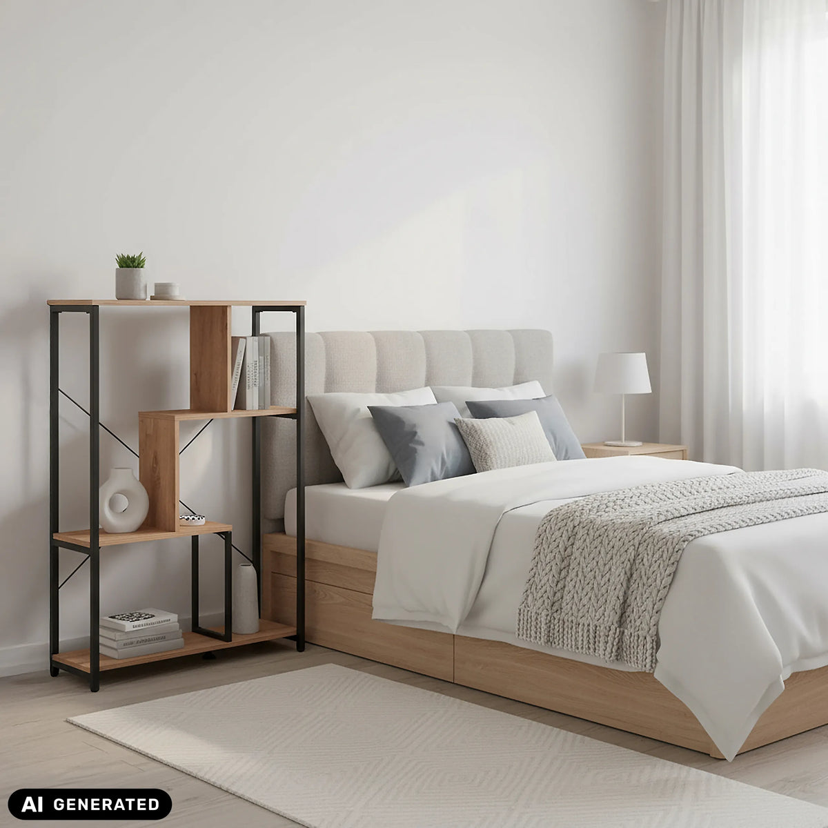 Kalag Eco plank in zwart en eiken naast een bed van hjh LIVING (AI-gegenereerde afbeelding)