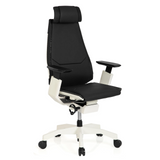 Zwarte High end bureaustoel GENIDIA PRO WHITE van leer met wit onderstel en vijf zwenkwielen van hjh OFFICE – 360-gradenweergave (schuin vooraanzicht 40°)