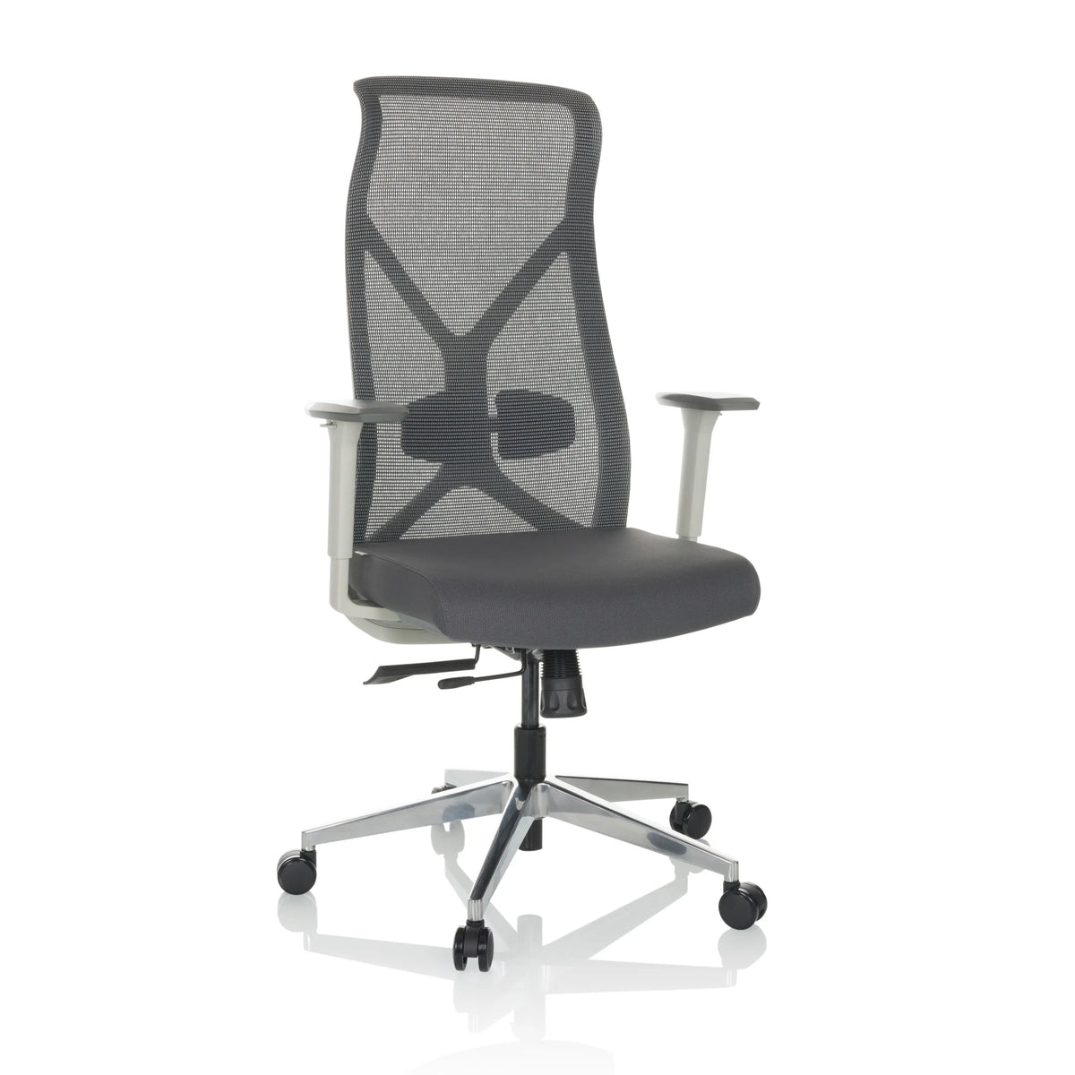 Grijze Professionele bureaustoel AZURRO WHITE met netrugleuning en vijfpoot met wieltjes van hjh OFFICE – 360-gradenweergave (vooraanzicht 15°)