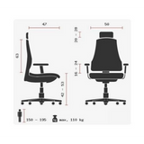 Technische tekening van de Professionele bureaustoel HEAD POINT RS met een maximale belasting van 110 kg van Topstar
