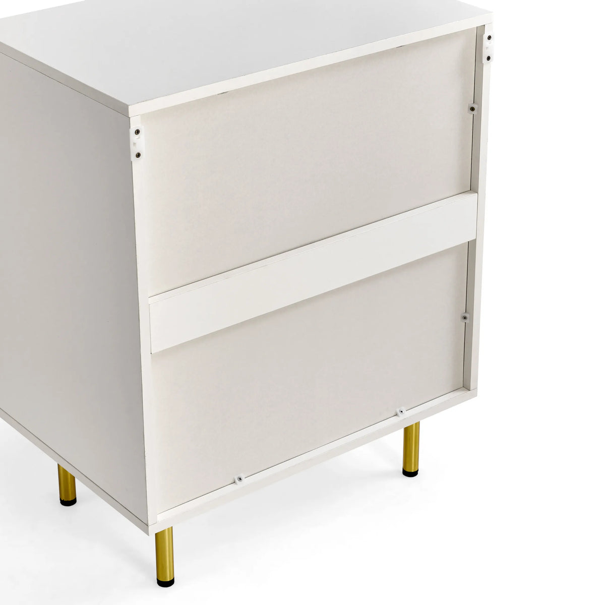 Achterkant van de Hjelle K commode in het wit met goudkleurige poten van hjh LIVING
